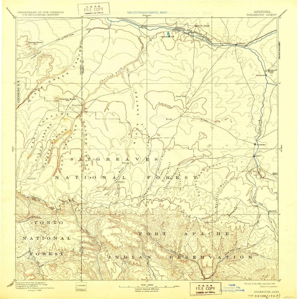YellowMaps Holbrook AZ topo map, 1:250000 Scale, 1 X 1 Degree, Historical, 1893, Updated 1928, 19.9 x 16.6 in - Tyvek
