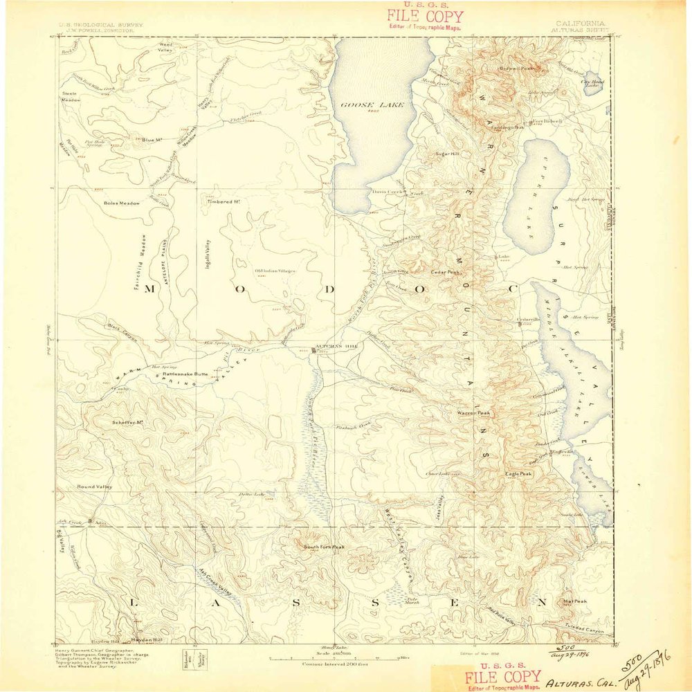 YellowMaps Alturas CA topo map, 1:250000 Scale, 1 X 1 Degree, Historical, 1892, 19.9 x 16.4 in - Polypropylene