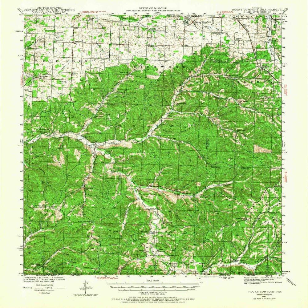 YellowMaps Rocky Comfort MO topo map, 1:62500 Scale, 15 X 15 Minute, Historical, 1941, Updated 1967, 20.8 x 16.8 in - Polypropylene