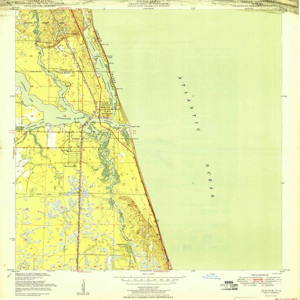 YellowMaps Jupiter FL topo map, 1:24000 Scale, 7.5 X 7.5 Minute, Historical, 1950, 26.2 x 22.9 in - Polypropylene