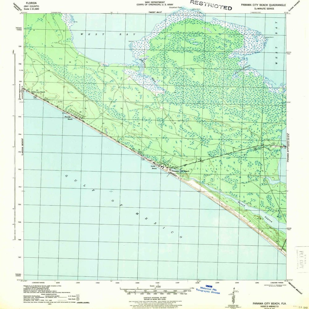YellowMaps Panama City Beach FL topo map, 1:31680 Scale, 7.5 X 7.5 Minute, Historical, 1943, 20 x 17.6 in - Polypropylene