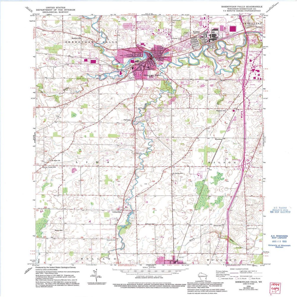 YellowMaps Sheboygan Falls WI topo map, 1:24000 Scale, 7.5 X 7.5 Minute, Historical, 1954, Updated 1995, 27.22 x 21.65 in - Tyvek
