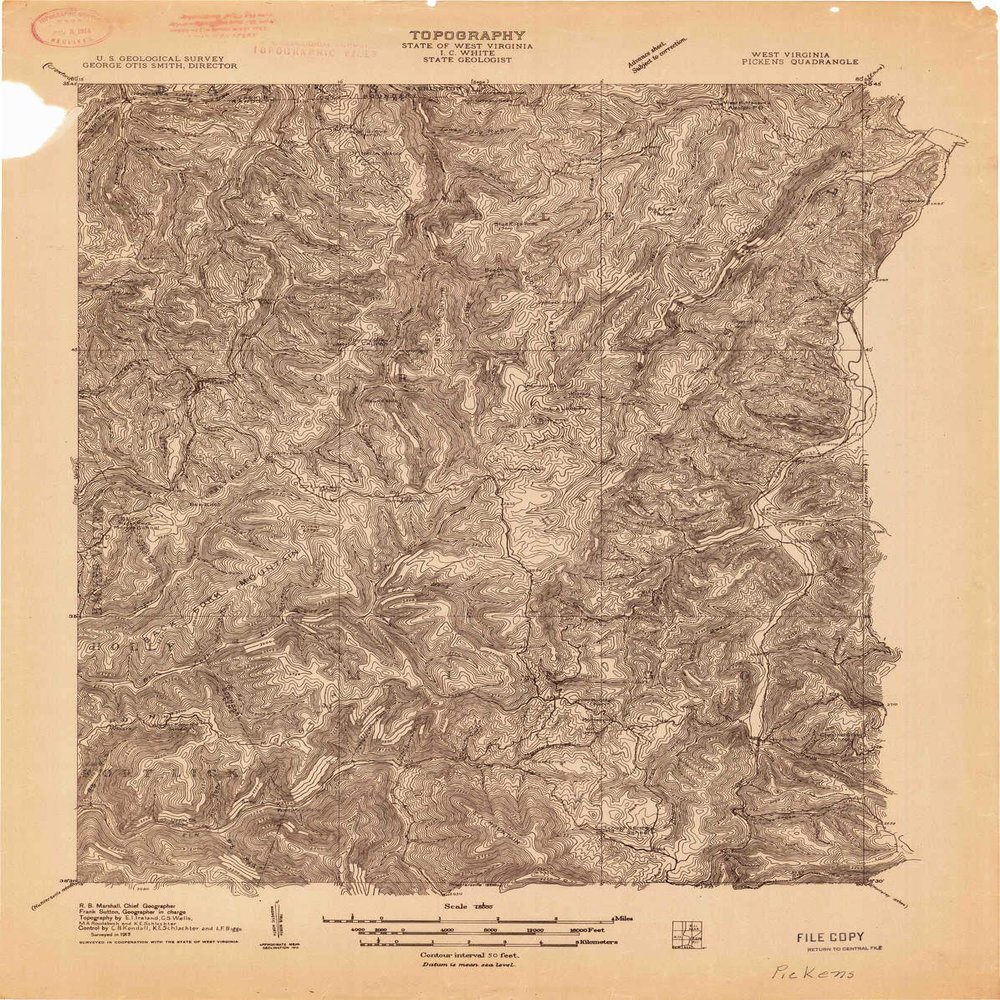 YellowMaps Pickens WV topo map, 1:48000 Scale, 15 X 15 Minute, Historical, 1913, 28.5 x 22.7 in - Polypropylene