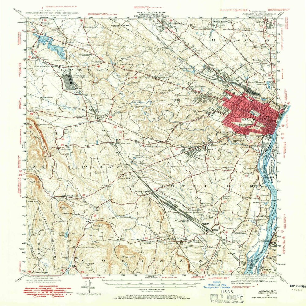 YellowMaps Albany NY topo map, 1:62500 Scale, 15 X 15 Minute, Historical, 1947, Updated 1965, 20.9 x 15.8 in - Polypropylene