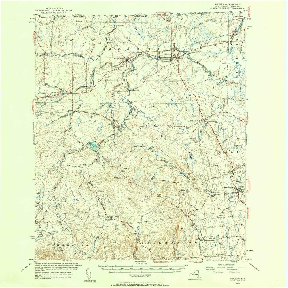 YellowMaps Mooers NY topo map, 1:62500 Scale, 15 X 15 Minute, Historical, 1956, Updated 1958, 20.9 x 17.1 in - Polypropylene