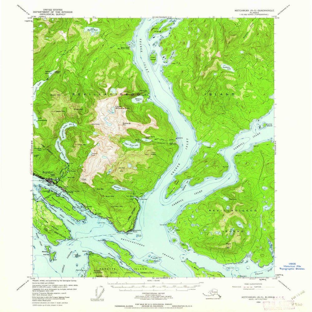 YellowMaps Ketchikan B 5 AK topo map, 1:63360 Scale, 15 X 15 Minute, Historical, 1954, Updated 1962, 20.8 x 17 in - Tyvek