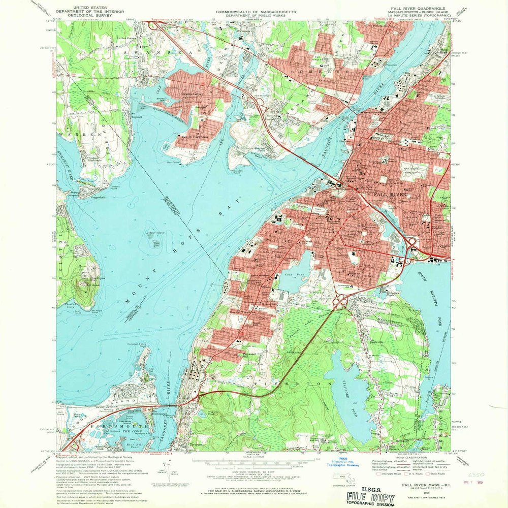 YellowMaps Fall River MA topo map, 1:24000 Scale, 7.5 X 7.5 Minute, Historical, 1967, Updated 1970, 26.9 x 22 in - Tyvek