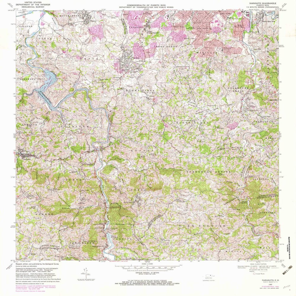 YellowMaps Naranjito PR topo map, 1:20000 Scale, 7.5 X 7.5 Minute, Historical, 1969, Updated 1982, 32.3 x 29.3 in - Tyvek
