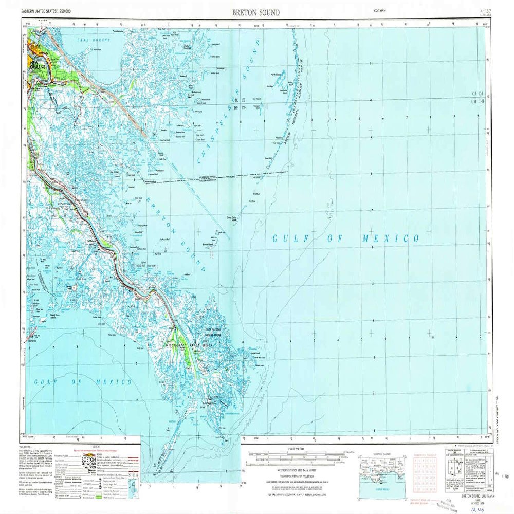YellowMaps Breton Sound LA topo map, 1:250000 Scale, 1 X 2 Degree, Historical, 1957, Updated 1974, 22 x 34.1 in - Tyvek
