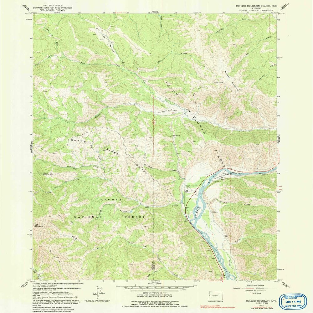 YellowMaps Munger Mountain WY topo map, 1:24000 Scale, 7.5 X 7.5 Minute, Historical, 1963, Updated 1992, 26.8 x 21.3 in - Tyvek