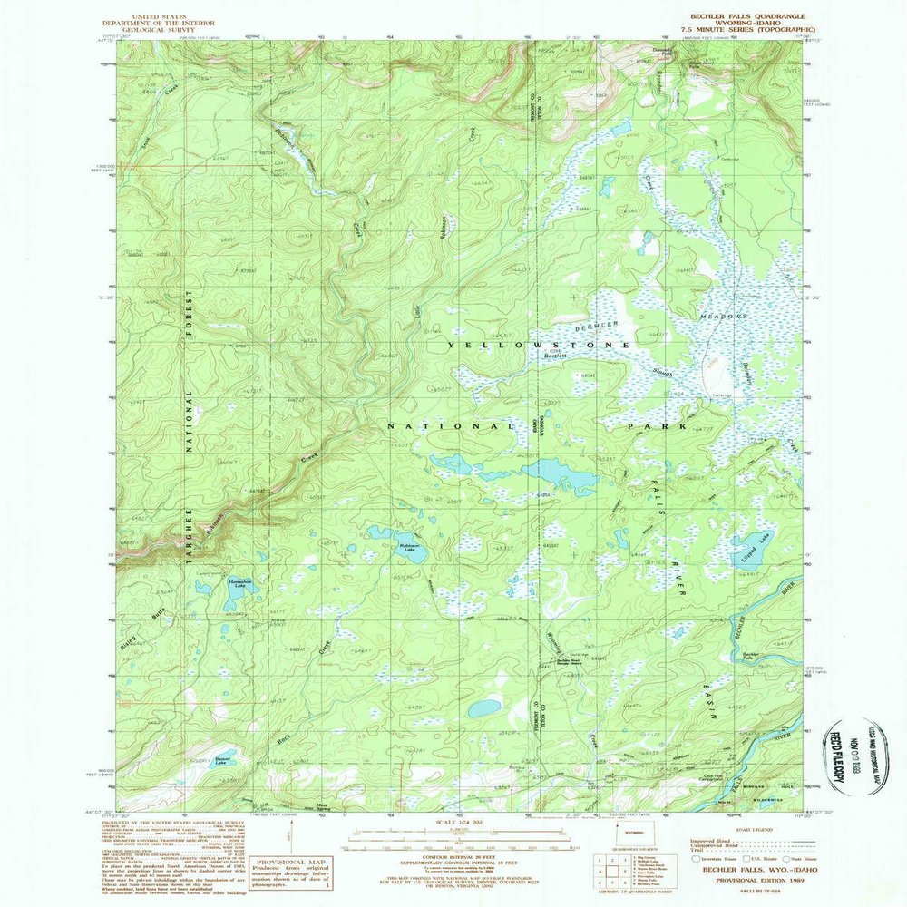 YellowMaps Bechler Falls WY topo map, 1:24000 Scale, 7.5 X 7.5 Minute, Historical, 1989, Updated 1989, 26.8 x 21.7 in - Polypropylene