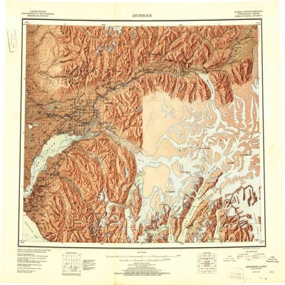 YellowMaps Anchorage AK topo map, 1:250000 Scale, 1 X 3 Degree, Historical, 1951, 23.1 x 30.5 in - Tyvek