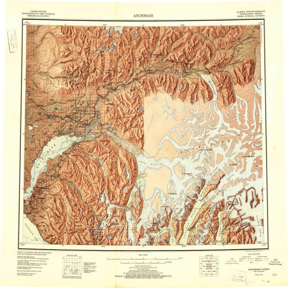 YellowMaps Anchorage AK topo map, 1:250000 Scale, 1 X 3 Degree, Historical, 1951, 23.1 x 30.5 in - Tyvek