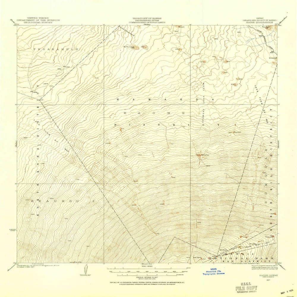 YellowMaps Kaohe HI topo map, 1:62500 Scale, 15 X 15 Minute, Historical, 1927, Updated 1954, 21.8 x 18.8 in - Polypropylene