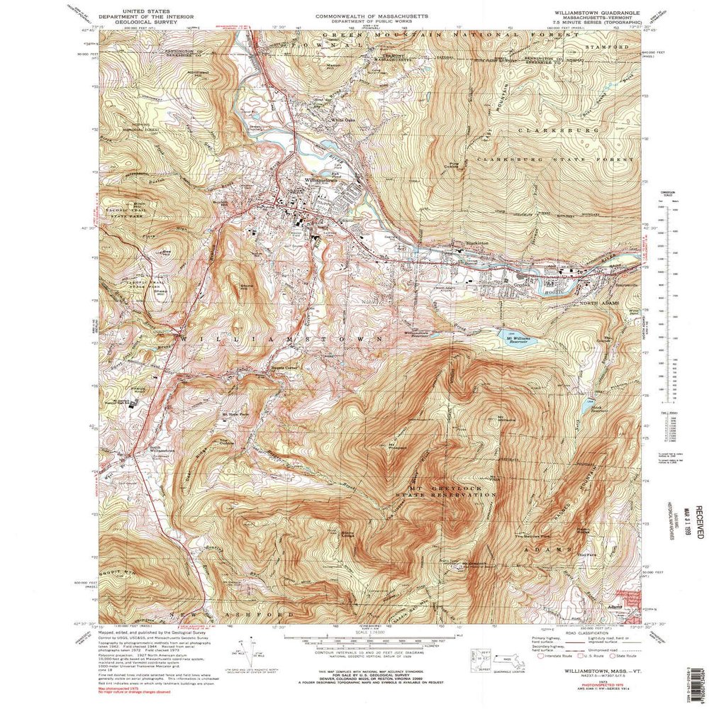 YellowMaps Williamstown MA topo map, 1:24000 Scale, 7.5 X 7.5 Minute, Historical, 1973, Updated 1990, 27.2 x 22 in - Tyvek
