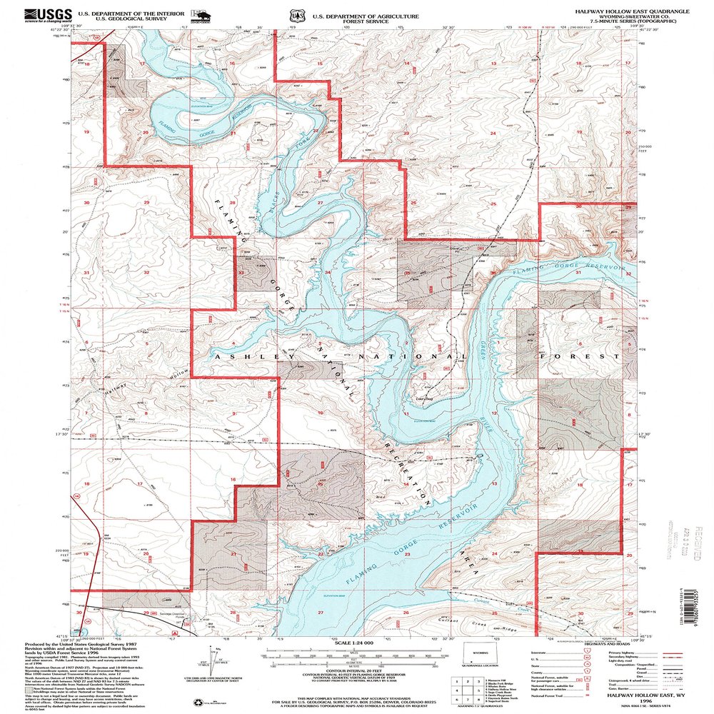 Halfway Hollow East WY topo map, 1:24000 Scale, 7.5 X 7.5 Minute, Historical, 1996, Updated 1996, 26.8 x 21.6 in - Polypropylene