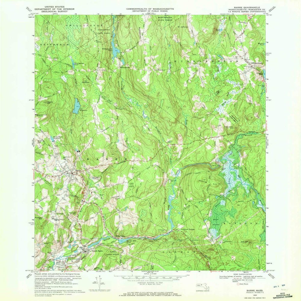 YellowMaps Barre MA topo map, 1:24000 Scale, 7.5 X 7.5 Minute, Historical, 1969, Updated 1972, 26.8 x 22 in - Polypropylene