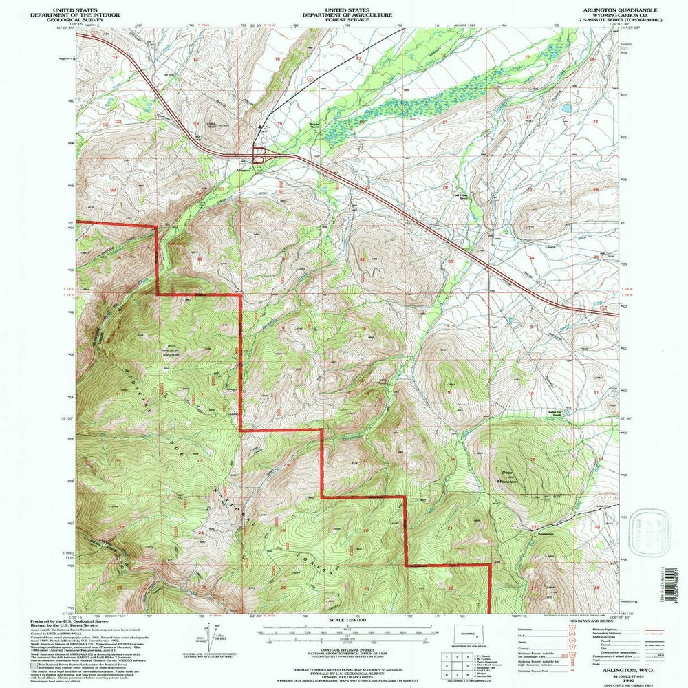 YellowMaps Arlington WY topo map, 1:24000 Scale, 7.5 X 7.5 Minute, Historical, 1992, Updated 1996, 26.7 x 21.7 in - Tyvek