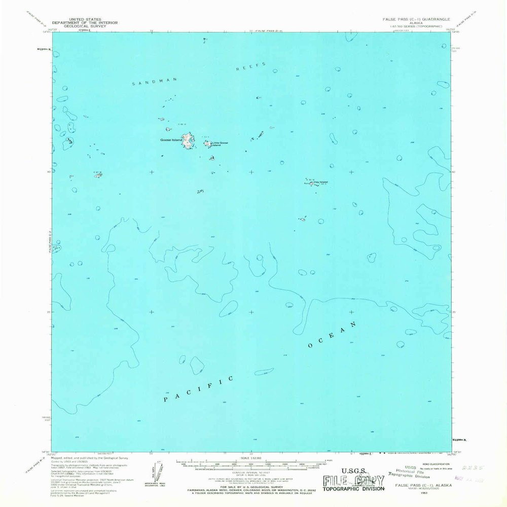 YellowMaps False Pass C 1 AK topo map, 1:63360 Scale, 15 X 15 Minute, Historical, 1963, Updated 1967, 20.9 x 17 in - Polypropylene