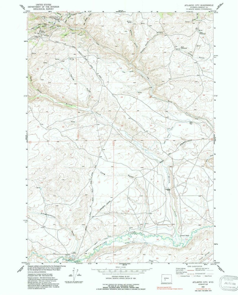 YellowMaps Atlantic City WY topo map, 1:24000 Scale, 7.5 X 7.5 Minute, Historical, 1953, Updated 1991, 26.9 x 21.6 in - Polypropylene