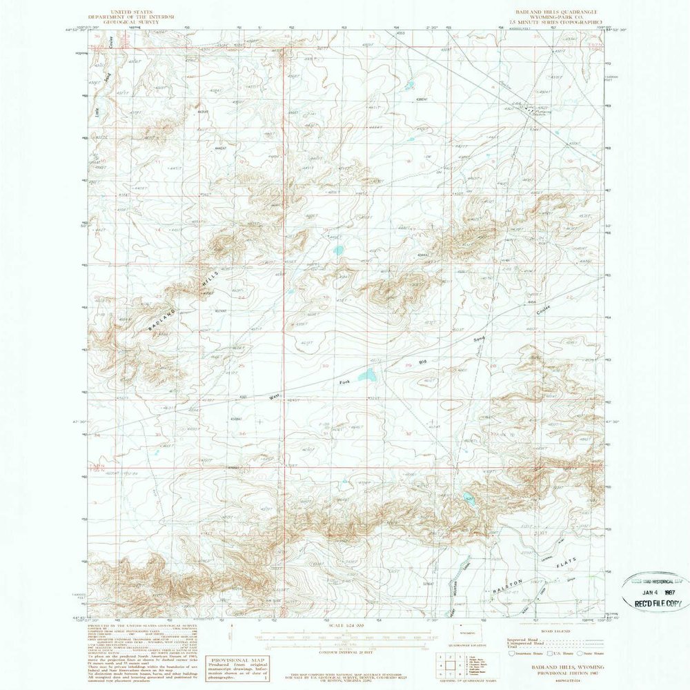 YellowMaps Badland Hills WY topo map, 1:24000 Scale, 7.5 X 7.5 Minute, Historical, 1987, Updated 1987, 26.7 x 21.6 in - Polypropylene