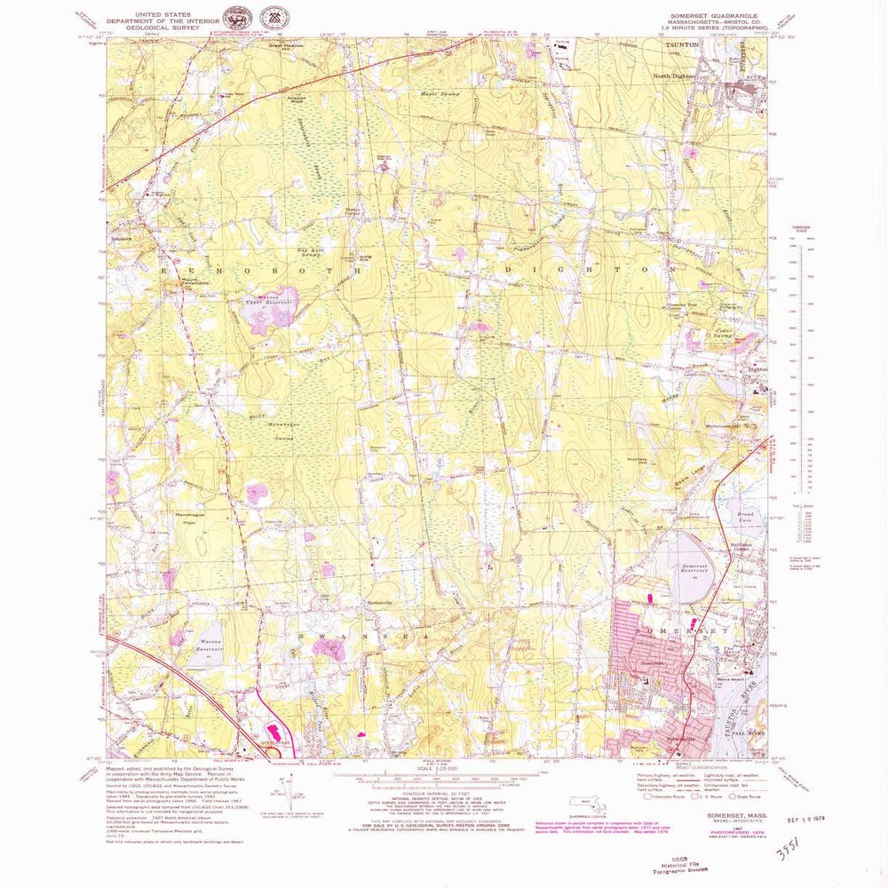 YellowMaps Somerset MA topo map, 1:25000 Scale, 7.5 X 7.5 Minute, Historical, 1967, Updated 1979, 26.9 x 22 in - Tyvek
