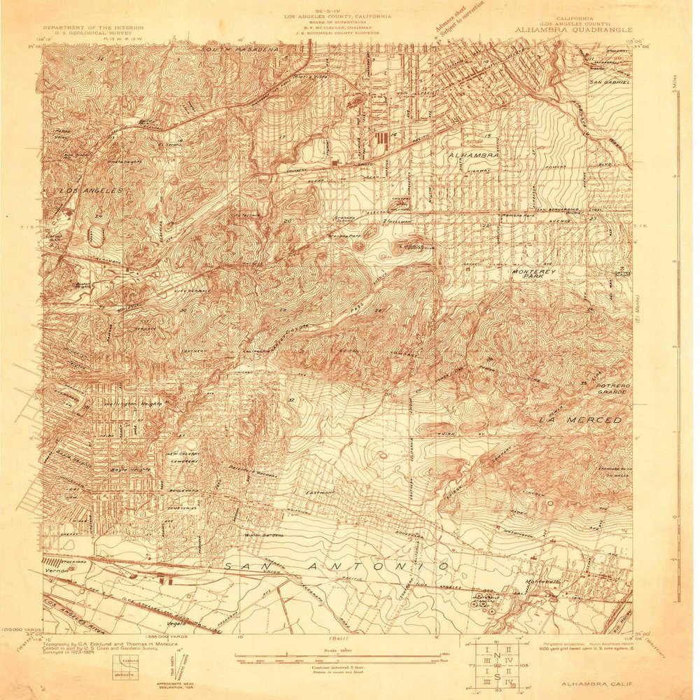 YellowMaps Alhambra CA topo map, 1:24000 Scale, 7.5 X 7.5 Minute, Historical, 1924, 21.7 x 18 in - Tyvek