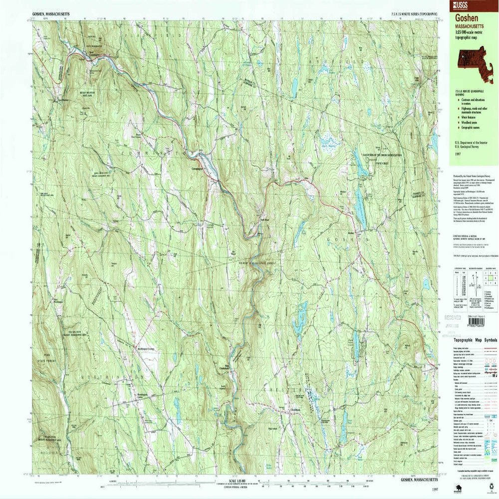 YellowMaps Goshen MA topo map, 1:25000 Scale, 7.5 X 15 Minute, Historical, 1997, Updated 1999, 24 x 39.9 in - Polypropylene