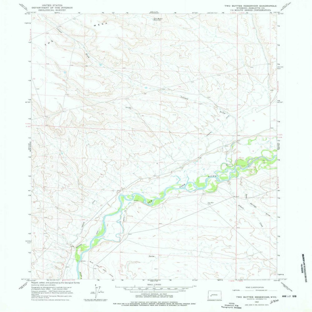 YellowMaps Two Buttes Reservoir WY topo map, 1:24000 Scale, 7.5 X 7.5 Minute, Historical, 1964, Updated 1978, 26.8 x 21.4 in - Tyvek