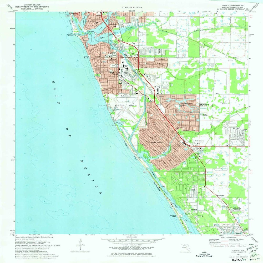 YellowMaps Venice FL topo map, 1:24000 Scale, 7.5 X 7.5 Minute, Historical, 1973, Updated 1974, 26.9 x 23 in - Tyvek