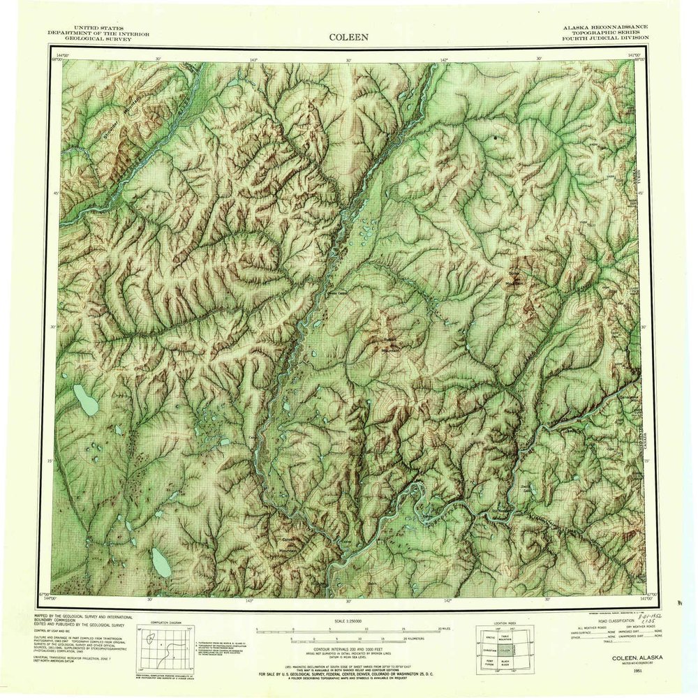 YellowMaps Coleen AK topo map, 1:250000 Scale, 1 X 3 Degree, Historical, 1951, Updated 1952, 22.9 x 24.1 in - Polypropylene