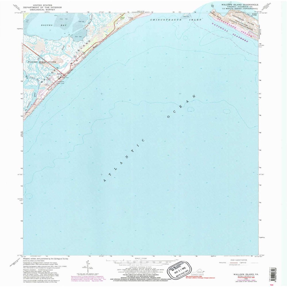Wallops Island VA topo map, 1:24000 Scale, 7.5 X 7.5 Minute, Historical, 1965, Updated 1991, 27 x 22 in - Tyvek
