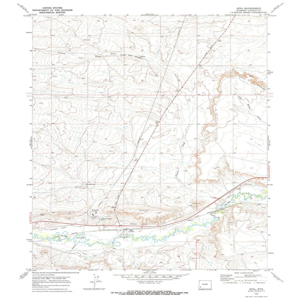 YellowMaps Opal WY topo map, 1:24000 Scale, 7.5 X 7.5 Minute, Historical, 1969, Updated 1972, 27 x 21.8 in - Polypropylene