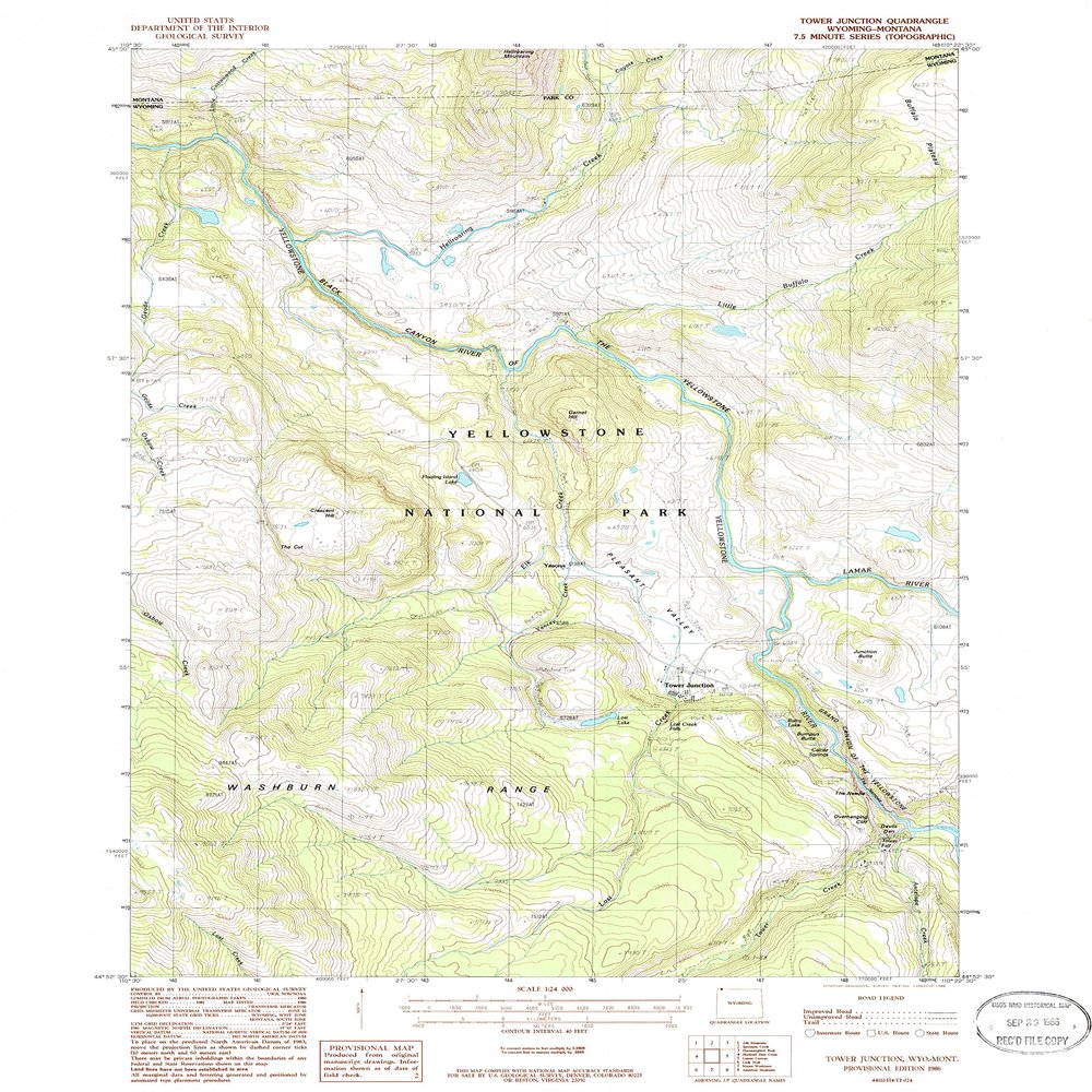 YellowMaps Tower Junction WY topo map, 1:24000 Scale, 7.5 X 7.5 Minute, Historical, 1986, Updated 1986, 26.8 x 21.4 in - Polypropylene