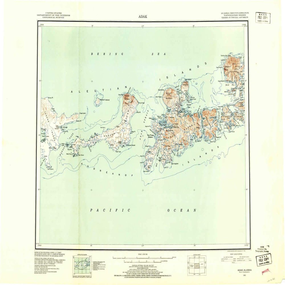 YellowMaps Adak AK topo map, 1:250000 Scale, 1 X 2 Degree, Historical, 1951, Updated 1953, 23 x 30.3 in - Polypropylene