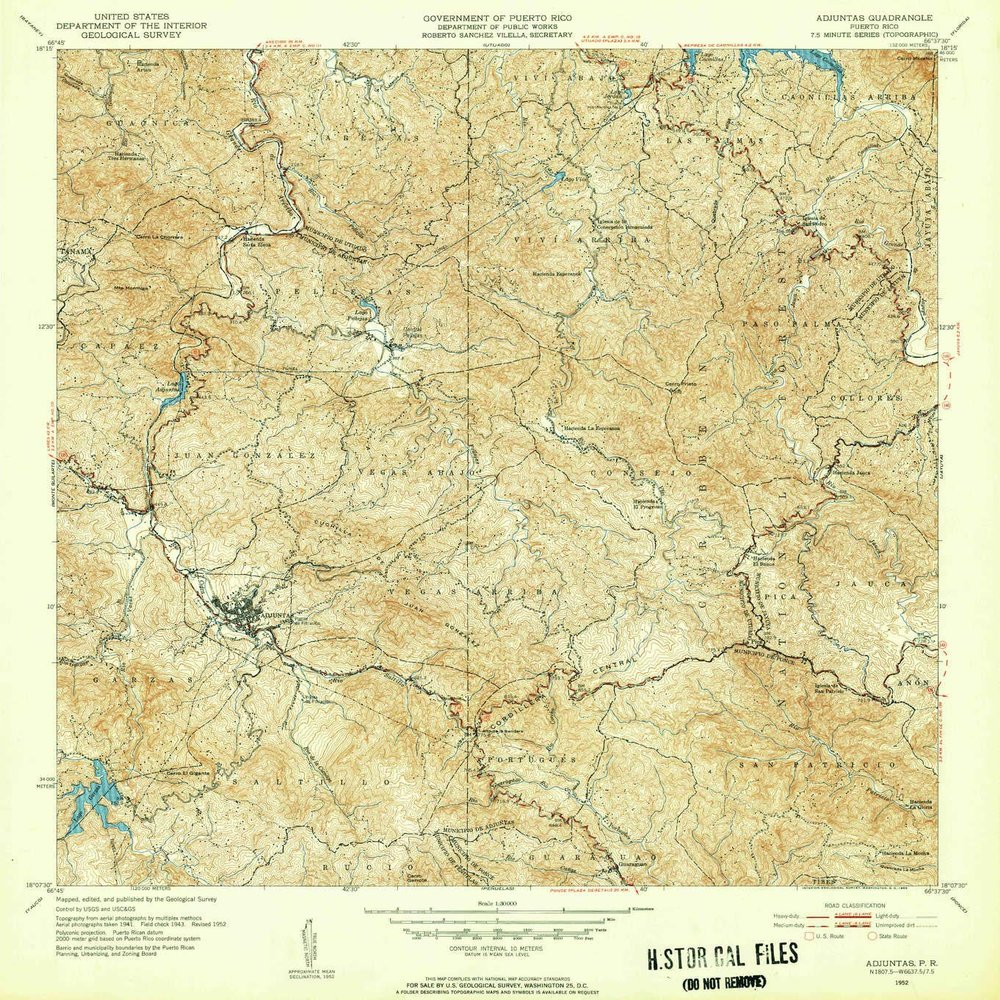 YellowMaps Adjuntas PR topo map, 1:30000 Scale, 7.5 X 7.5 Minute, Historical, 1952, Updated 1953, 21.7 x 19.7 in - Tyvek