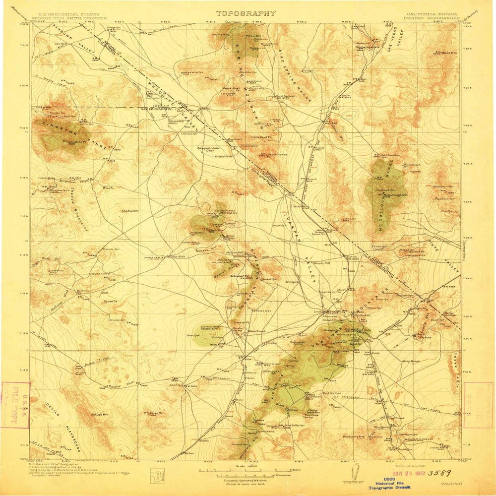 YellowMaps Ivanpah CA topo map, 1:250000 Scale, 1 X 1 Degree, Historical, 1912, 19.8 x 16.5 in - Polypropylene