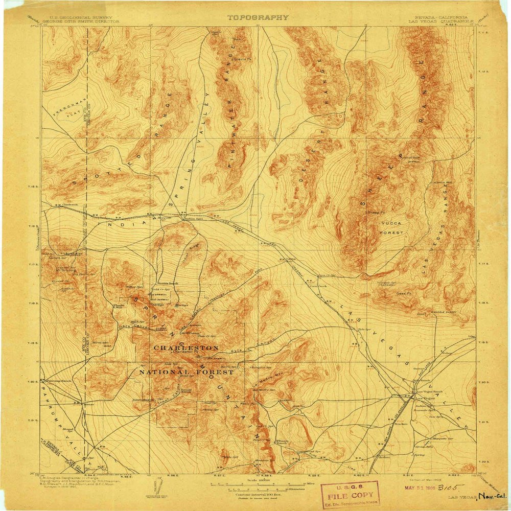 YellowMaps Las Vegas NV topo map, 1:250000 Scale, 1 X 1 Degree, Historical, 1908, 20 x 16.6 in - Tyvek