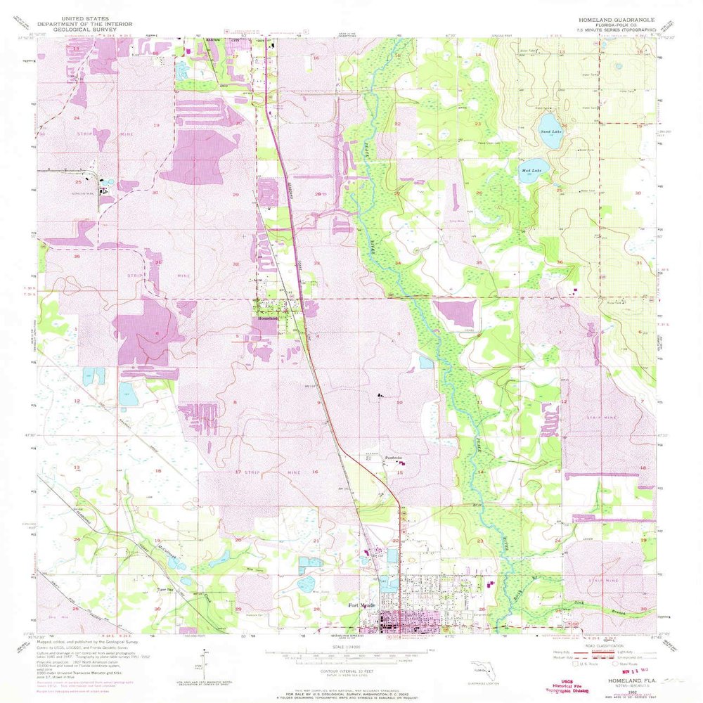 YellowMaps Homeland FL topo map, 1:24000 Scale, 7.5 X 7.5 Minute, Historical, 1952, Updated 1973, 26.8 x 22.9 in - Polypropylene
