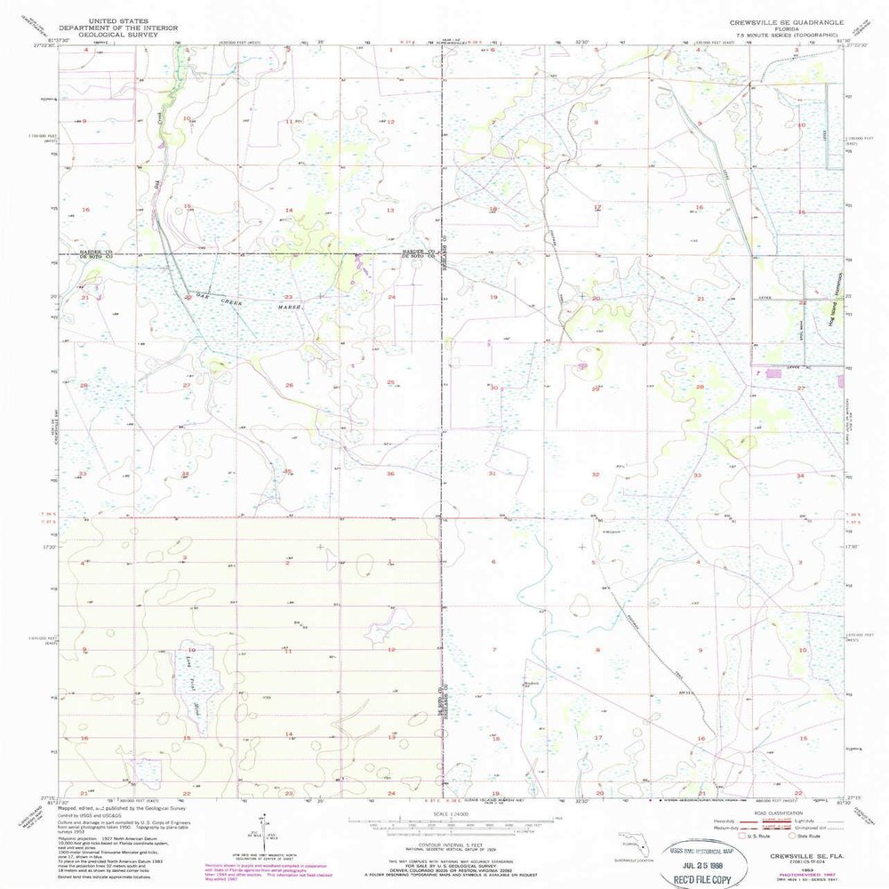 YellowMaps Crewsville SE FL topo map, 1:24000 Scale, 7.5 X 7.5 Minute, Historical, 1953, Updated 1988, 26.8 x 23 in - Polypropylene
