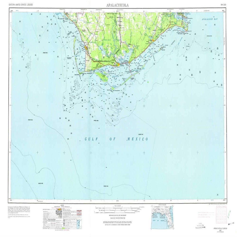 YellowMaps Apalachicola FL topo map, 1:250000 Scale, 1 X 2 Degree, Historical, 1967, Updated 1975, 22.1 x 34 in - Tyvek