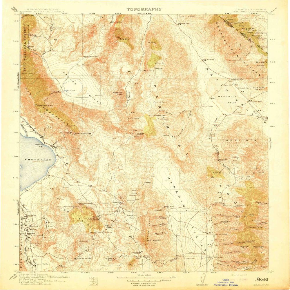 YellowMaps Ballarat CA topo map, 1:250000 Scale, 1 X 1 Degree, Historical, 1913, 19.7 x 16.5 in - Tyvek