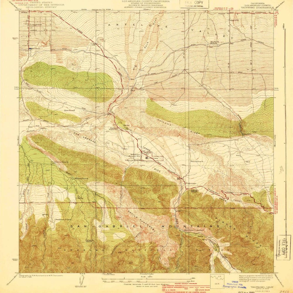 YellowMaps Valyermo CA topo map, 1:24000 Scale, 7.5 X 7.5 Minute, Historical, 1940, 20.3 x 17.4 in - Polypropylene