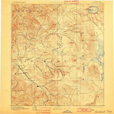 YellowMaps Ashland OR topo map, 1:250000 Scale, 1 X 1 Degree, Historical, 1893, Updated 1901, 19.6 x 16 in - Tyvek