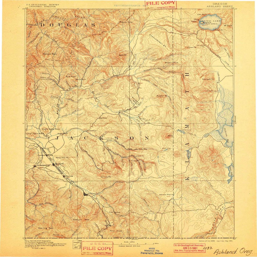 YellowMaps Ashland OR topo map, 1:250000 Scale, 1 X 1 Degree, Historical, 1893, Updated 1901, 19.6 x 16 in - Tyvek