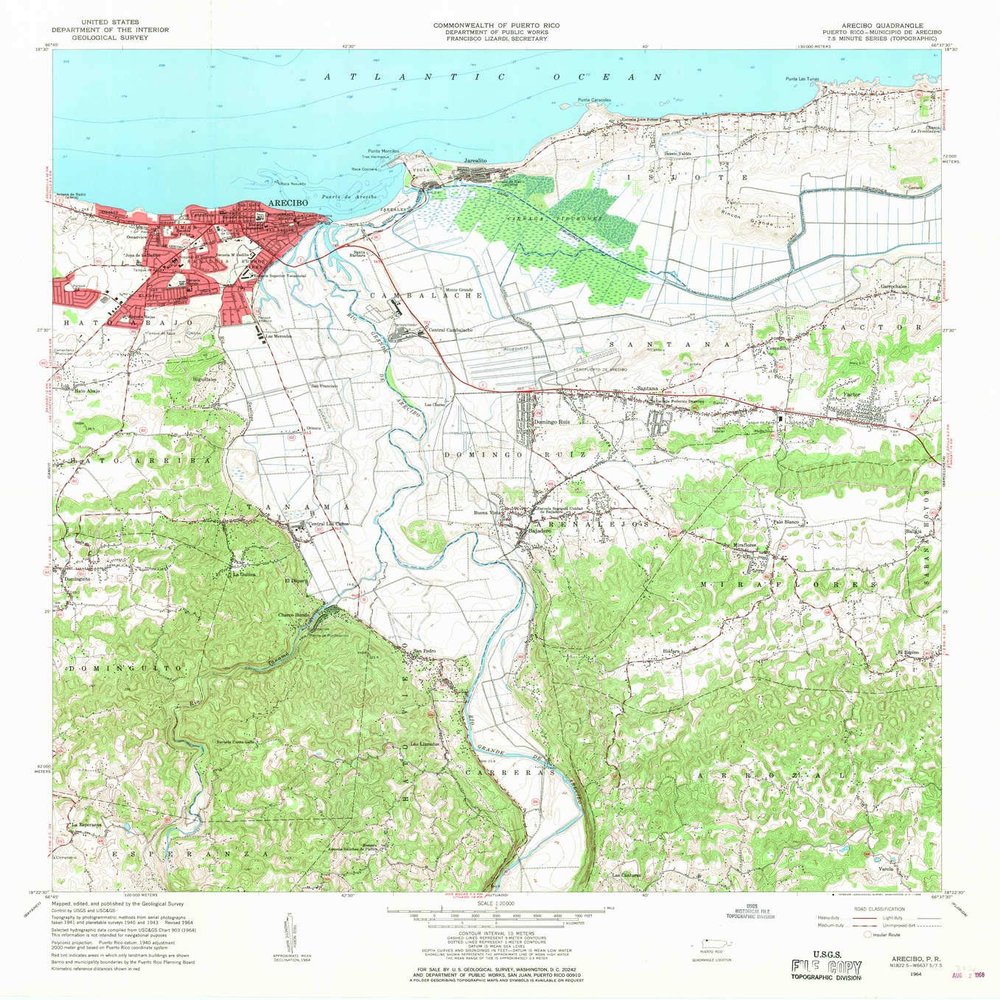YellowMaps Arecibo PR topo map, 1:20000 Scale, 7.5 X 7.5 Minute, Historical, 1964, Updated 1968, 32.3 x 29.2 in - Polypropylene
