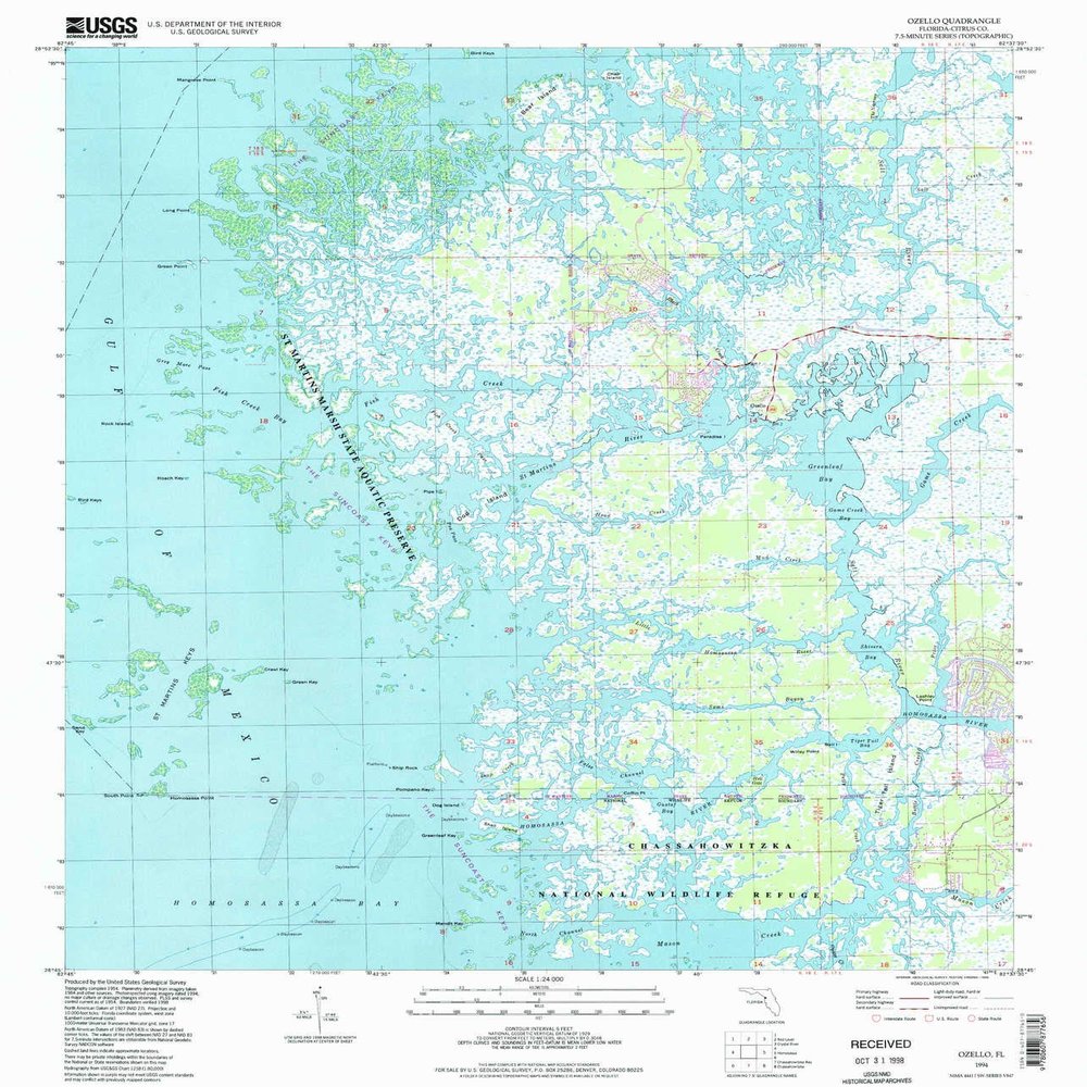 Ozello FL topo map, 1:24000 Scale, 7.5 X 7.5 Minute, Historical, 1994, Updated 1998, 26.8 x 23 in - Polypropylene