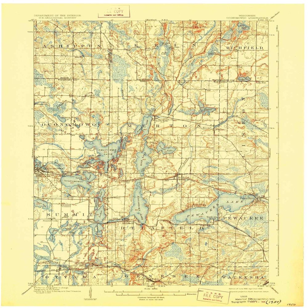 YellowMaps Oconomowoc WI topo map, 1:62500 Scale, 15 X 15 Minute, Historical, 1909, Updated 1928, 20.38 x 16.83 in - Polypropylene