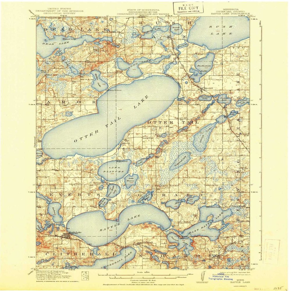YellowMaps Battle Lake MN topo map, 1:62500 Scale, 15 X 15 Minute, Historical, 1914, Updated 1944, 20.18 x 16.53 in - Polypropylene