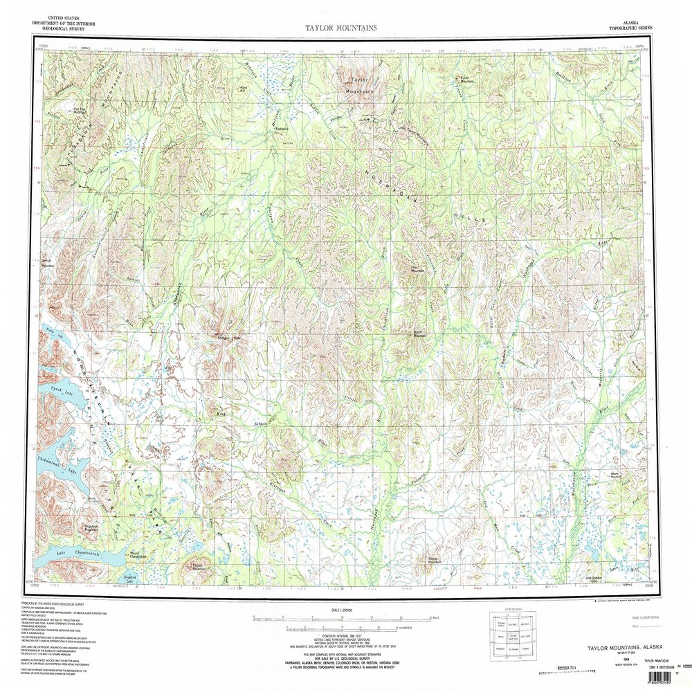 YellowMaps Taylor Mountains AK topo map, 1:250000 Scale, 1 X 3 Degree, Historical, 1954, Updated 1994, 22.8 x 29.7 in - Polypropylene